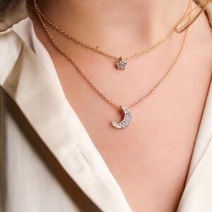 Crystal Moon & Star Gold Layered Boho Necklace